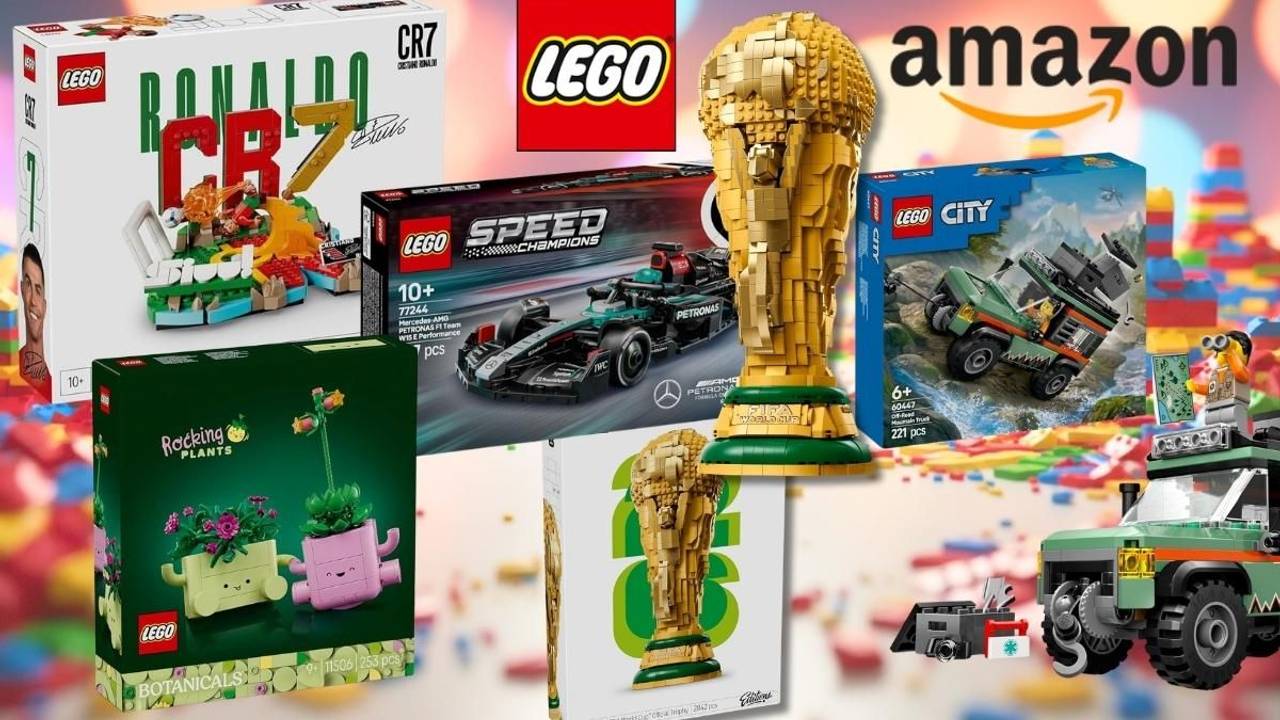 Fünf Lego-Bestseller im Amazon Sale: Cristiano Ronaldo Set, Mercedes-AMG F1 W15, FIFA WM-Pokal, LEGO City Offroad Geländewagen und LEGO Botanicals Schaukelnde Pflanzen.
