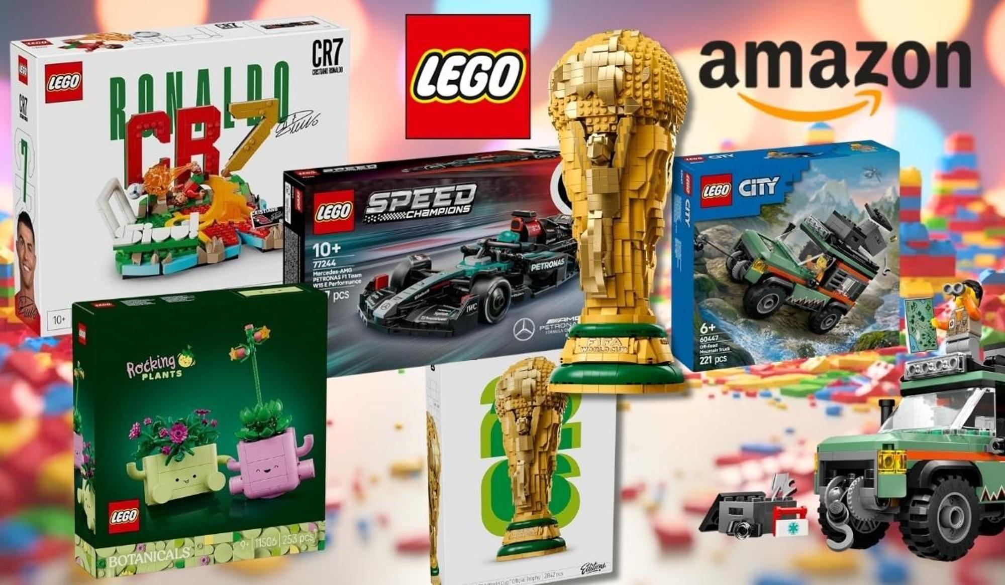 Fünf Lego-Bestseller im Amazon Sale: Cristiano Ronaldo Set, Mercedes-AMG F1 W15, FIFA WM-Pokal, LEGO City Offroad Geländewagen und LEGO Botanicals Schaukelnde Pflanzen.