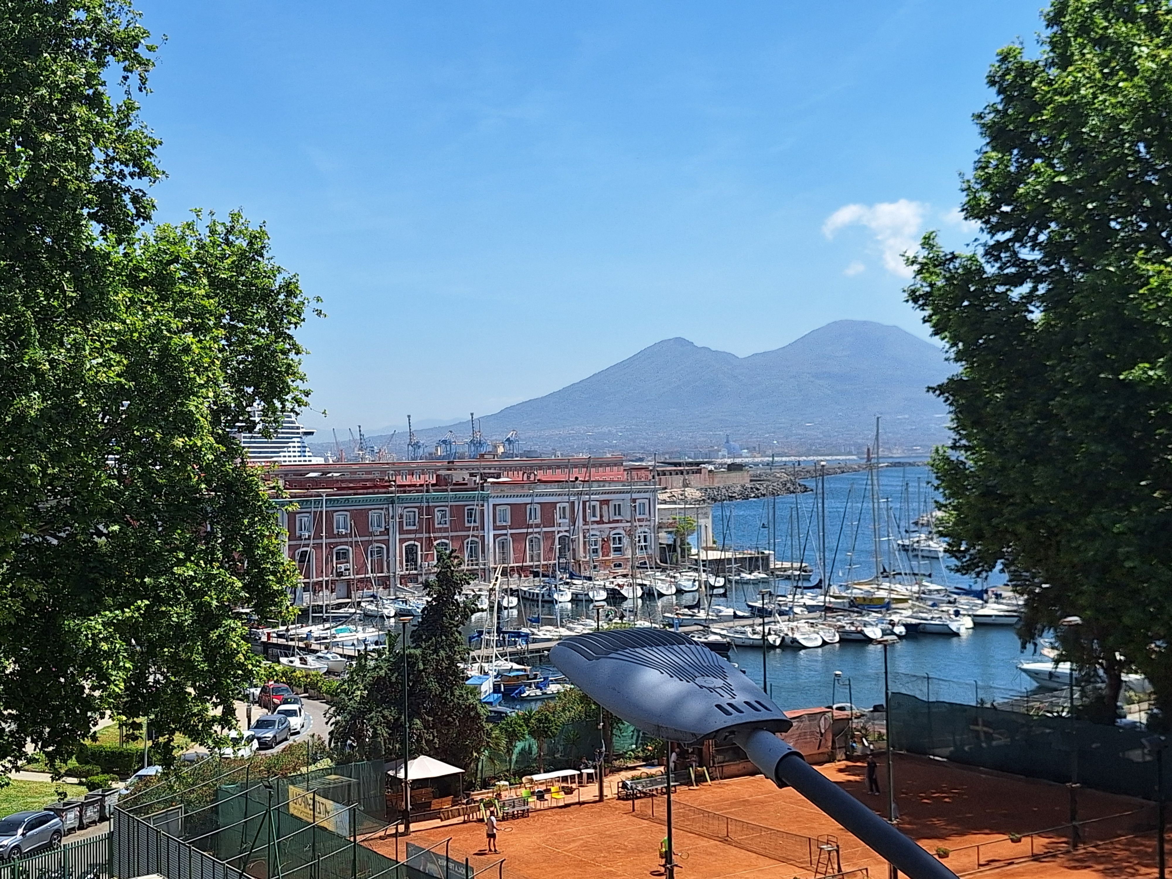 Blick über einen Hafen auf einen Berg mit einem Vulkan