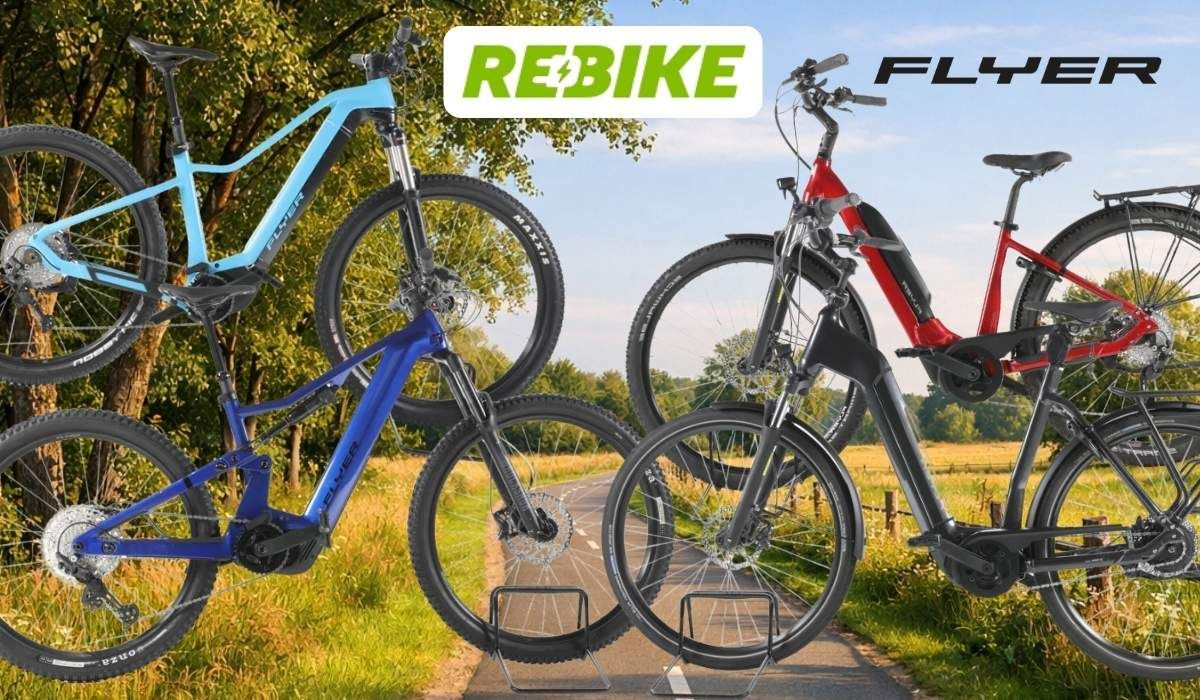 Flyer E-Bikes vor einem Fahrradweg durch die Natur.