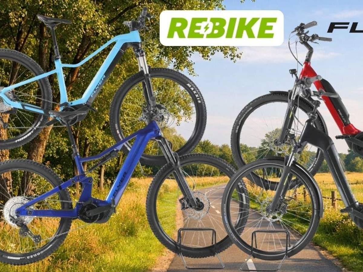 Flyer E-Bikes vor einem Fahrradweg durch die Natur.