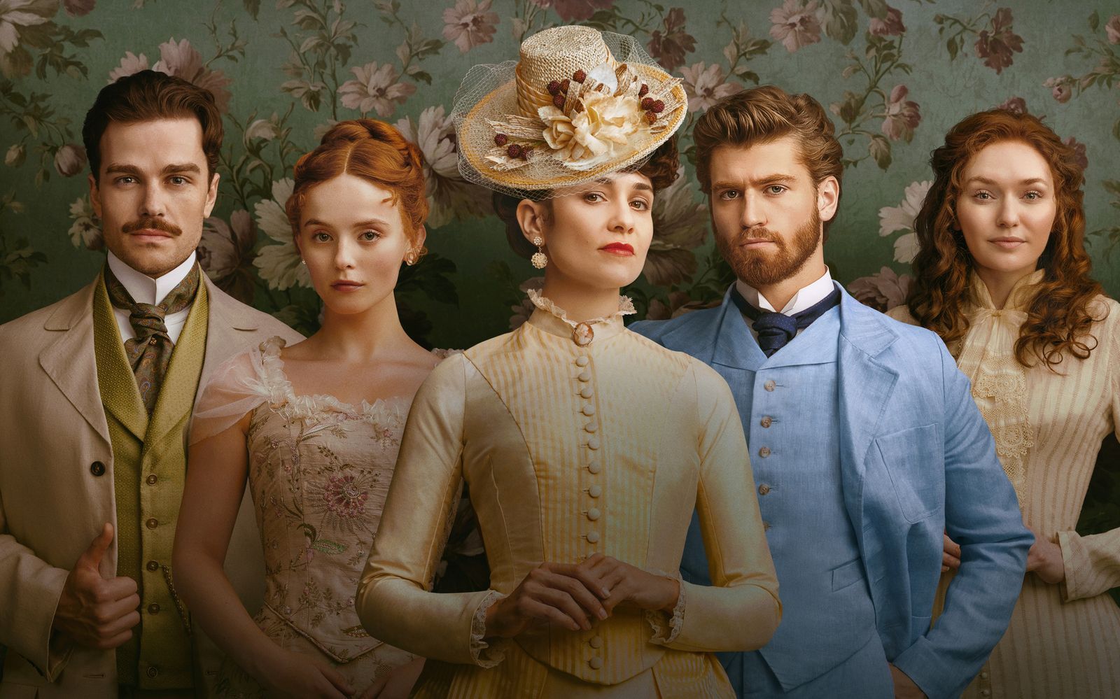 Wie in „Downton Abbey“ dreht sich auch in „The Forsytes - Familie verpflichtet“ vieles um die privaten Dramen der Hauptfiguren (von links): Soames Forsyte (Joshua Orpin), Irene Heron (Millie Gibson), Frances Forsyte (Tuppence Middleton), Jo Forsyte Jr. (Danny Griffin) und Louisa Byrne (Eleanor Tomlinson). (Bild: ZDF/Sean Gleason)