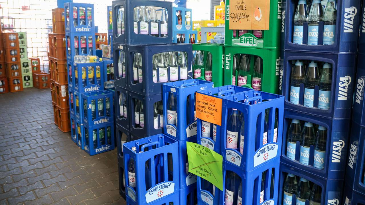 Inmitten von Getränkekästen nisten die drei Rotkehlchen-Jungtiere in einem Getränkemarkt in Bottrop.