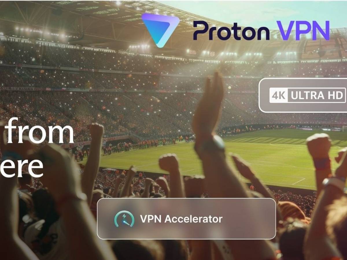 Jubelnde Fans im Fußballstadion mit Proton VPN Logo, WM-Streaming ohne Ländersperren.