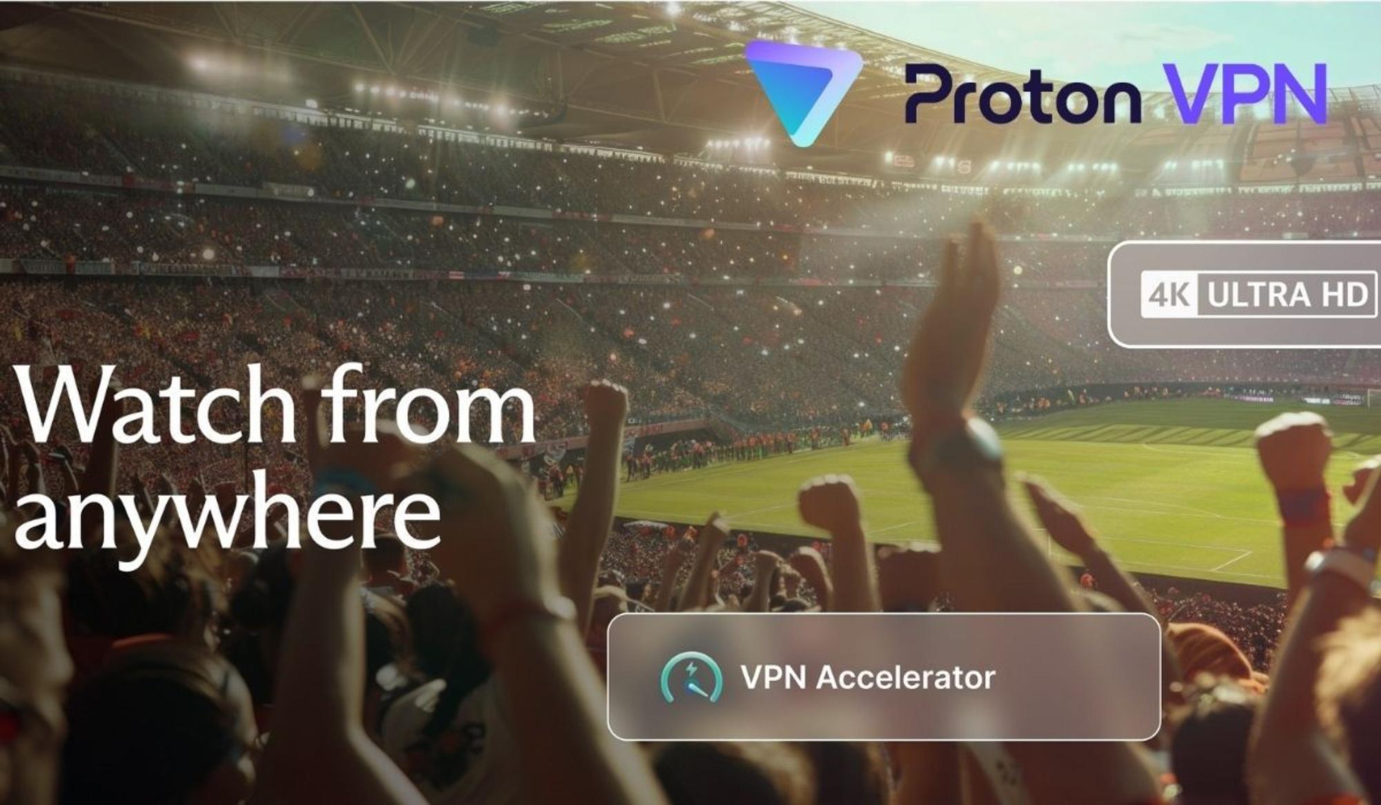 Jubelnde Fans im Fußballstadion mit Proton VPN Logo, WM-Streaming ohne Ländersperren.