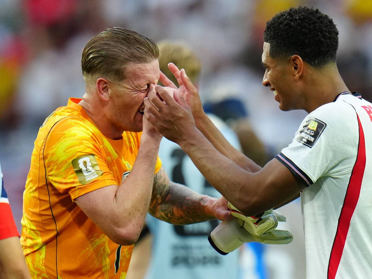 Jude Bellingham und Jordan Pickford nach dem Spiel.