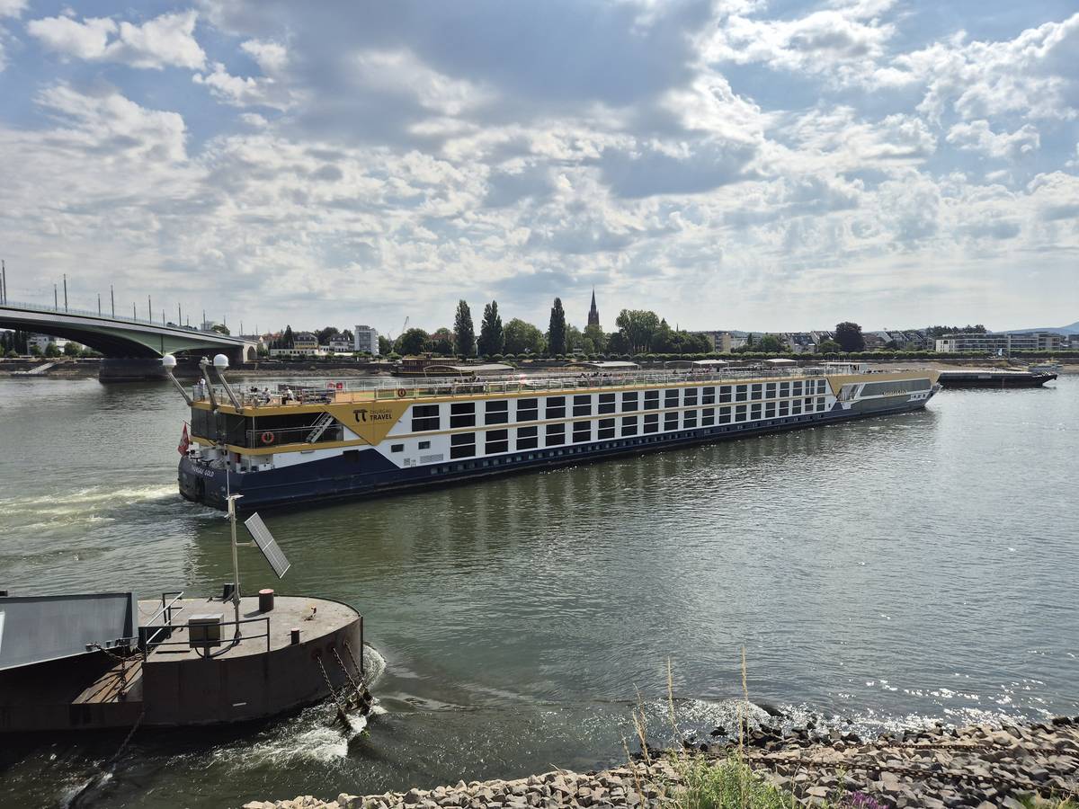 Das Schiff Thurgau Gold liegt quer auf dem Rhein auf einer Sandbank auf.