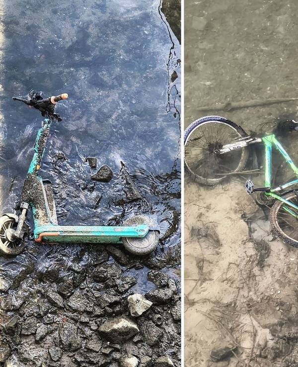 Niedrigwasser im Rhein zeigt am Donnerstag (16. Juli) den Müll im Bereich der Hohenzollernbrücke.