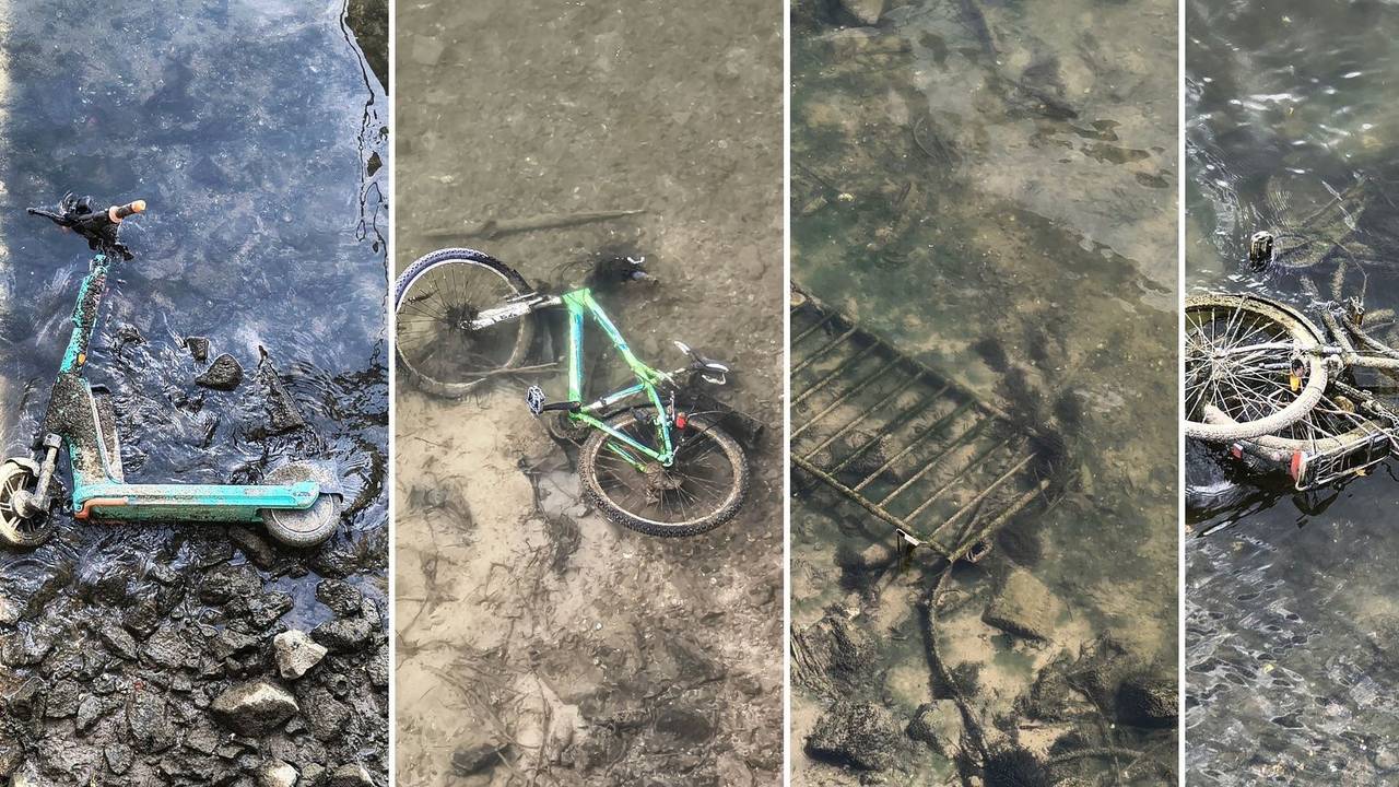 Niedrigwasser im Rhein zeigt am Donnerstag (16. Juli) den Müll im Bereich der Hohenzollernbrücke.