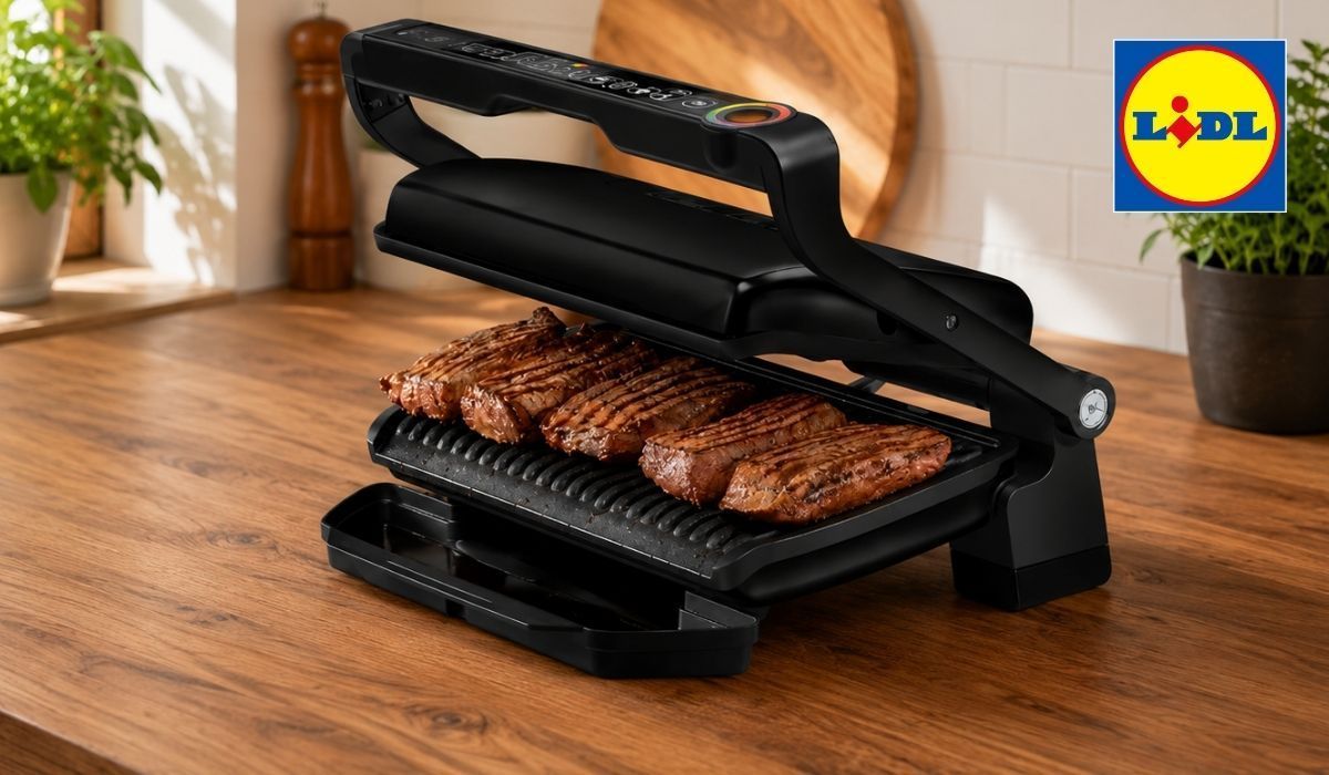 Tefal OptiGrill XL steht auf einer Küchenplatte. Rechtsoben Lidl Logo.