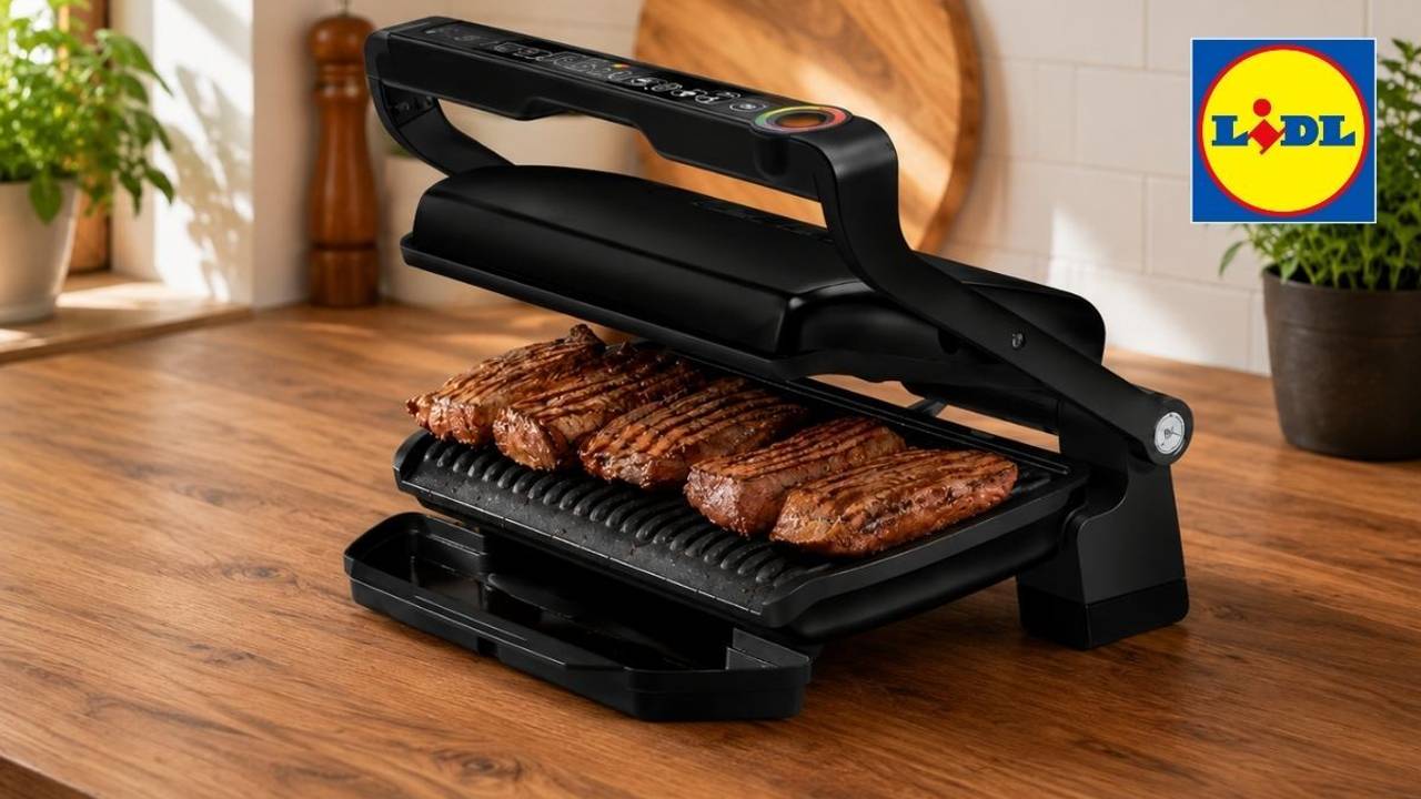 Tefal OptiGrill XL steht auf einer Küchenplatte. Rechtsoben Lidl Logo.