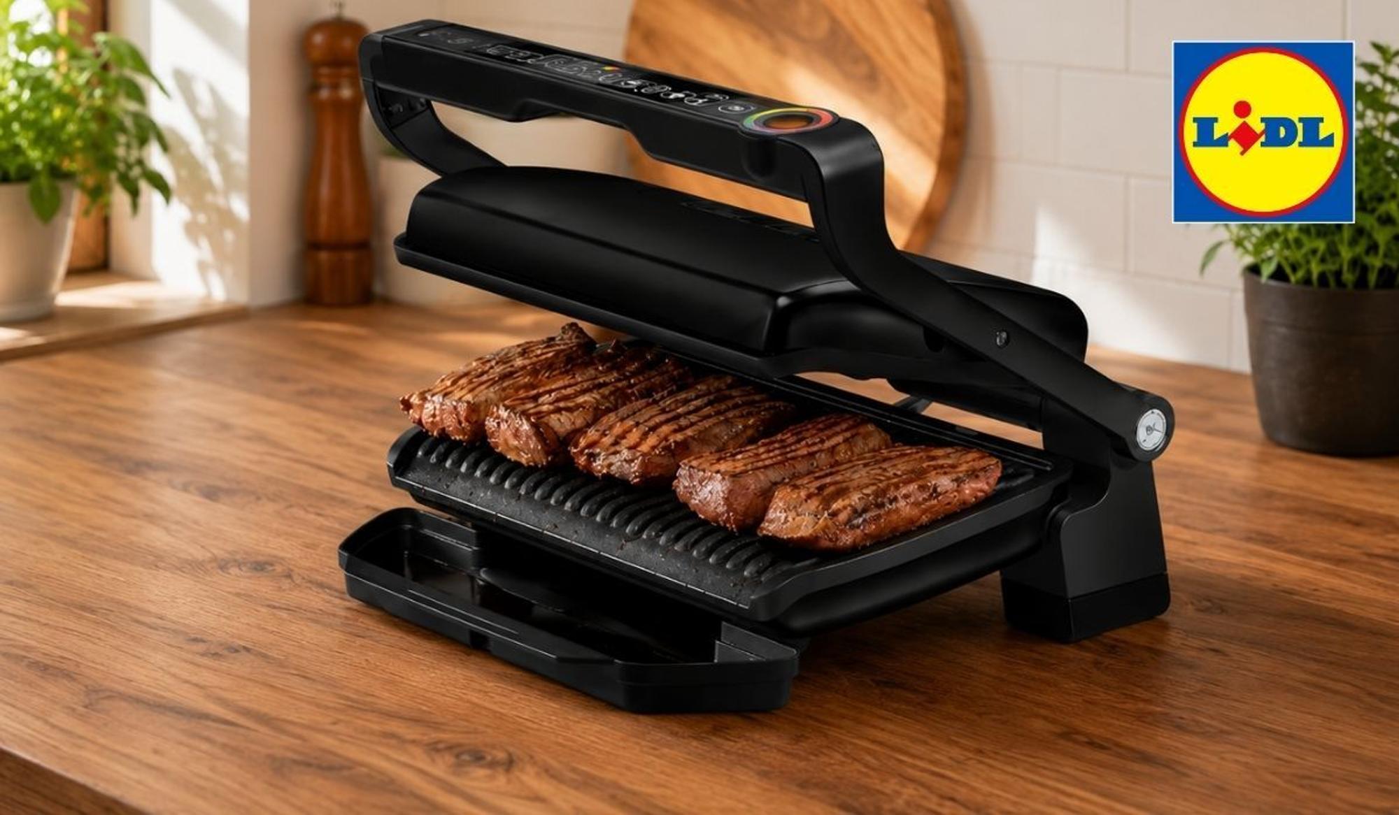 Tefal OptiGrill XL steht auf einer Küchenplatte. Rechtsoben Lidl Logo.
