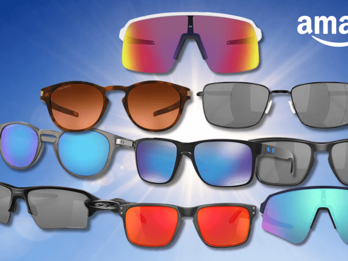 Eine Darstellung von verschiedenen Oakley Sonnenbrillen vor einem blauen Sonnen-Hintergrund.