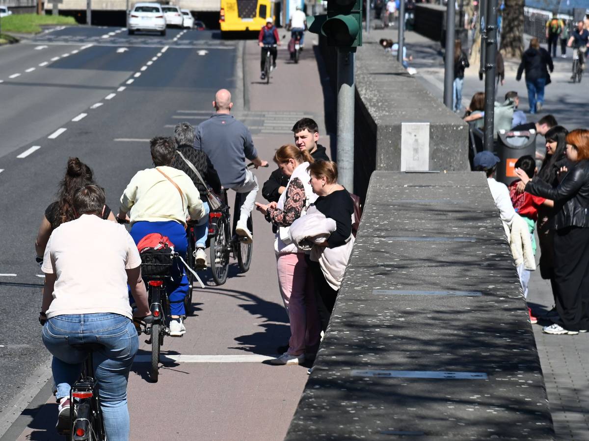 Radfahrer am Rheinufer in der Kölner Altstadt. (Symbolfoto)