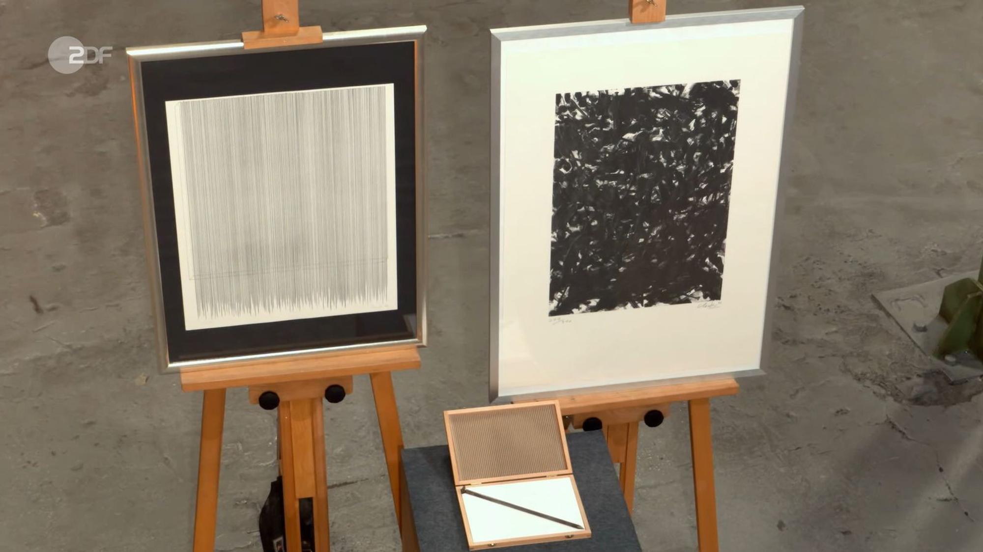 Die drei Kunstwerke von Günther Uecker aus der Zeit zwischen 1971 und 2008 hatten einen Gesamtwert von 1.800 bis 2.000 Euro. Julian Schmitz-Avila blätterte 1.200 Euro auf den Tisch.
(Bild: ZDF)