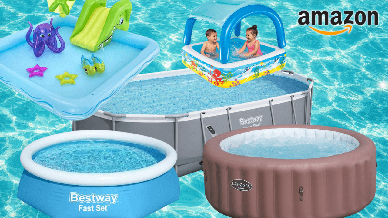Pools verschiedener Marken vor einem blauen Wasserhintergrund.