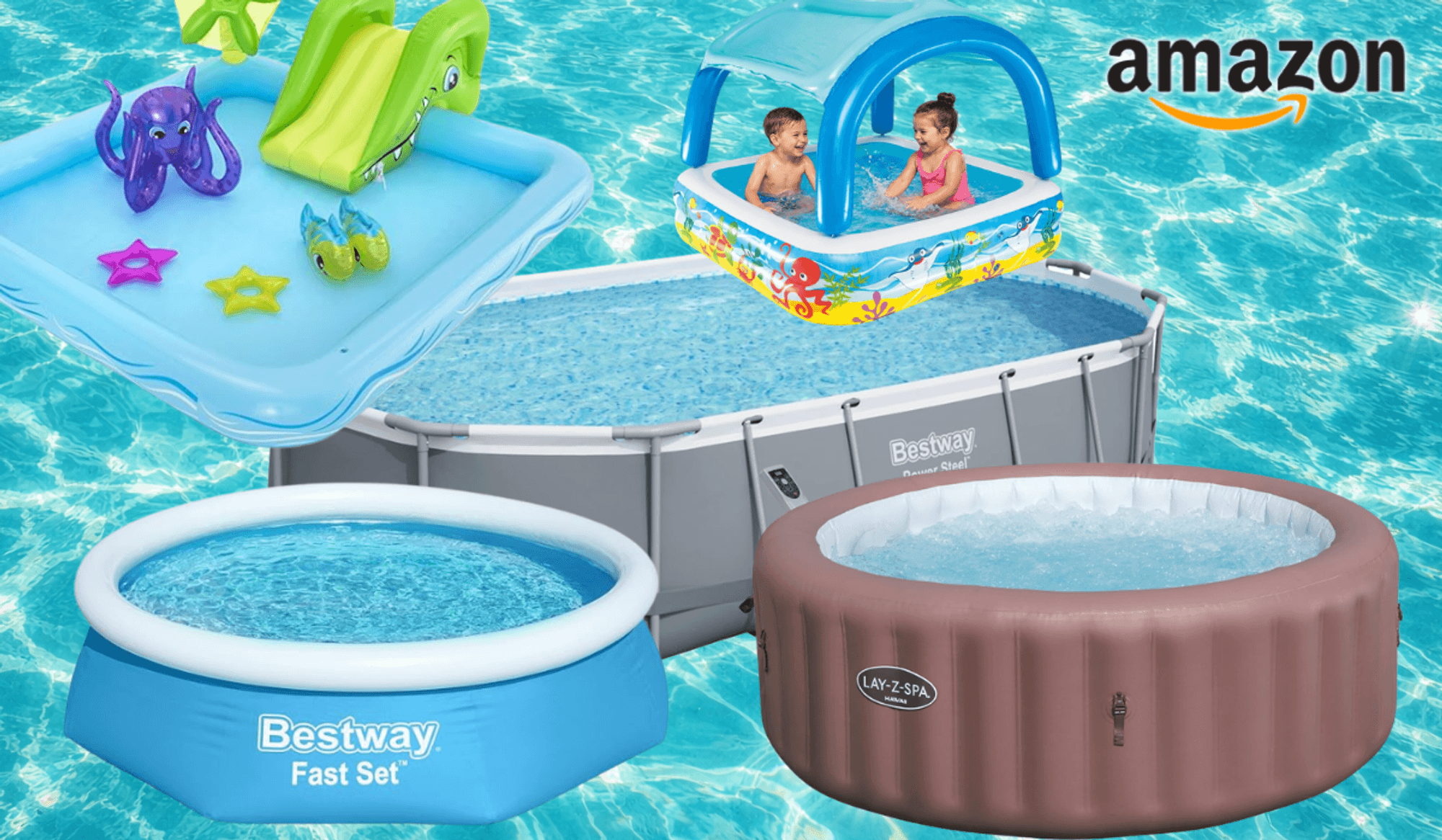 Pools verschiedener Marken vor einem blauen Wasserhintergrund.