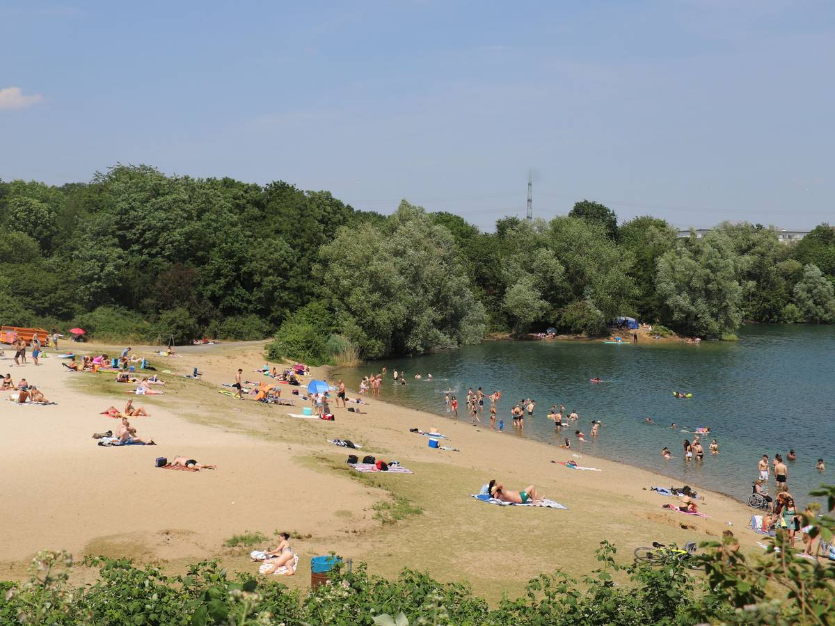 Menschen liegen am Ufer des Rotter Sees, andere plantschen im Wasser.