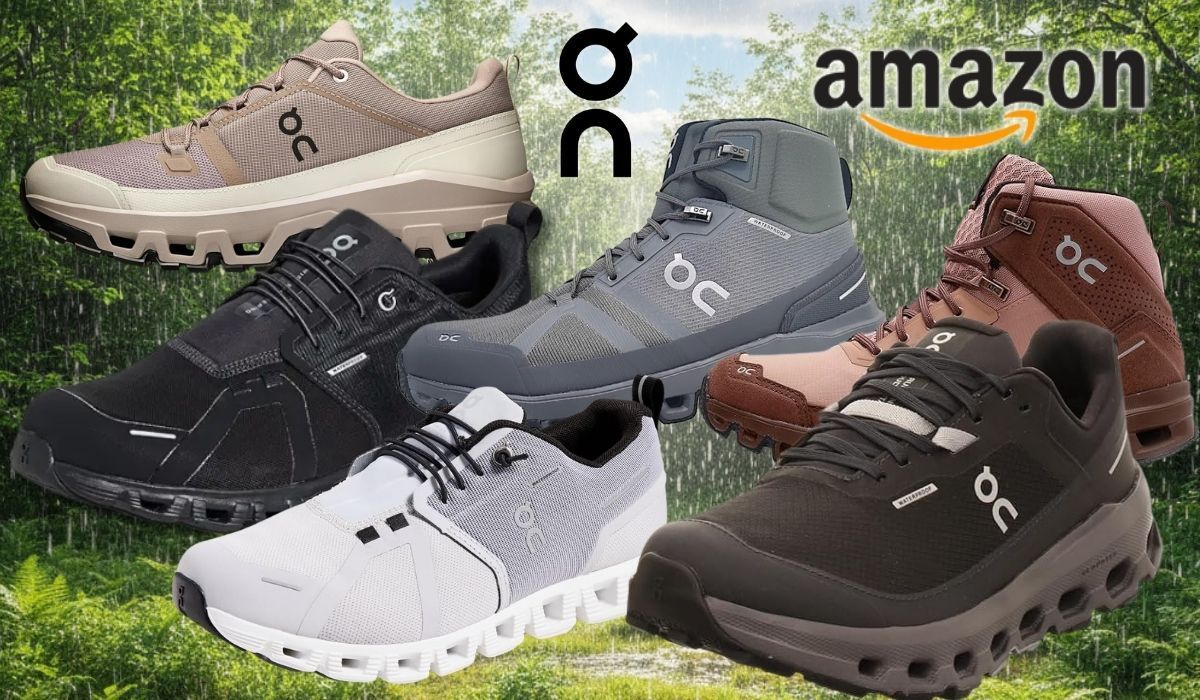 On Sneaker Modelle und Halbschuhe vor einem verregneten Wald an einem Sommertag.