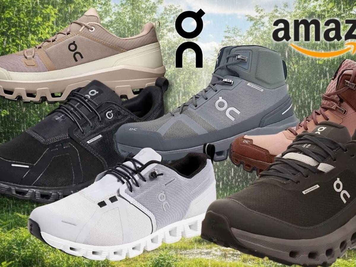 On Sneaker Modelle und Halbschuhe vor einem verregneten Wald an einem Sommertag.