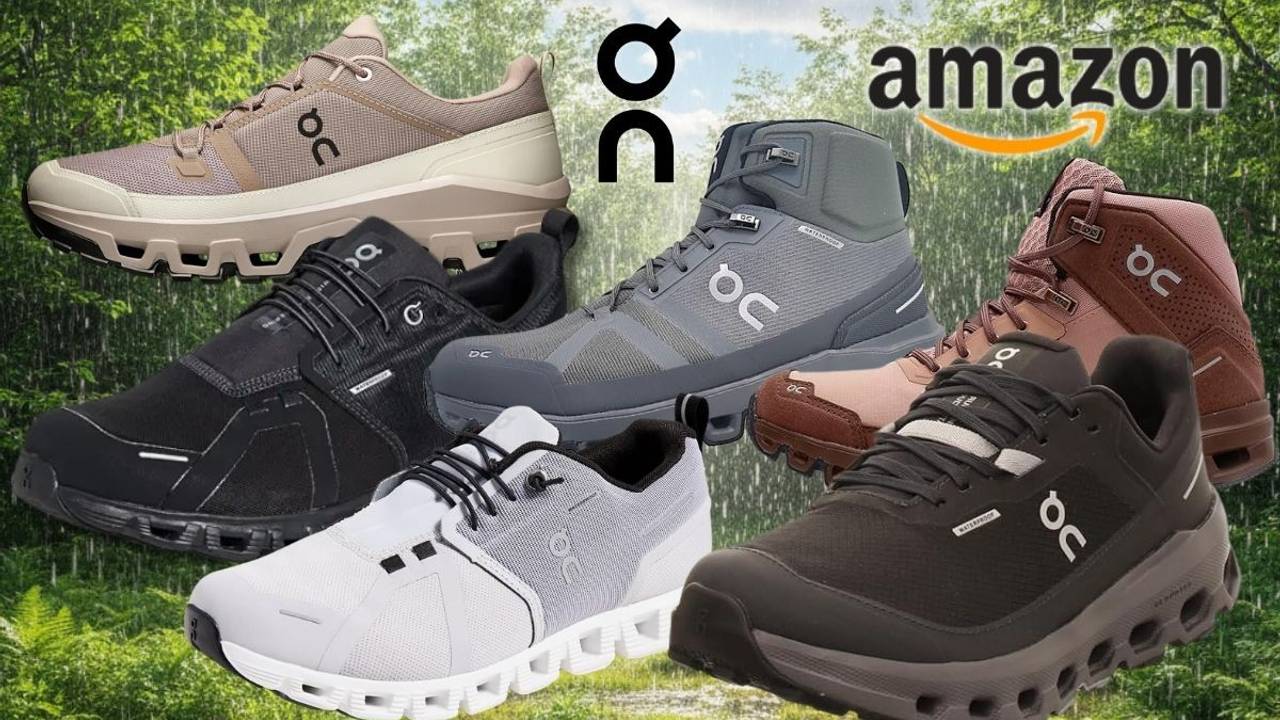 On Sneaker Modelle und Halbschuhe vor einem verregneten Wald an einem Sommertag.