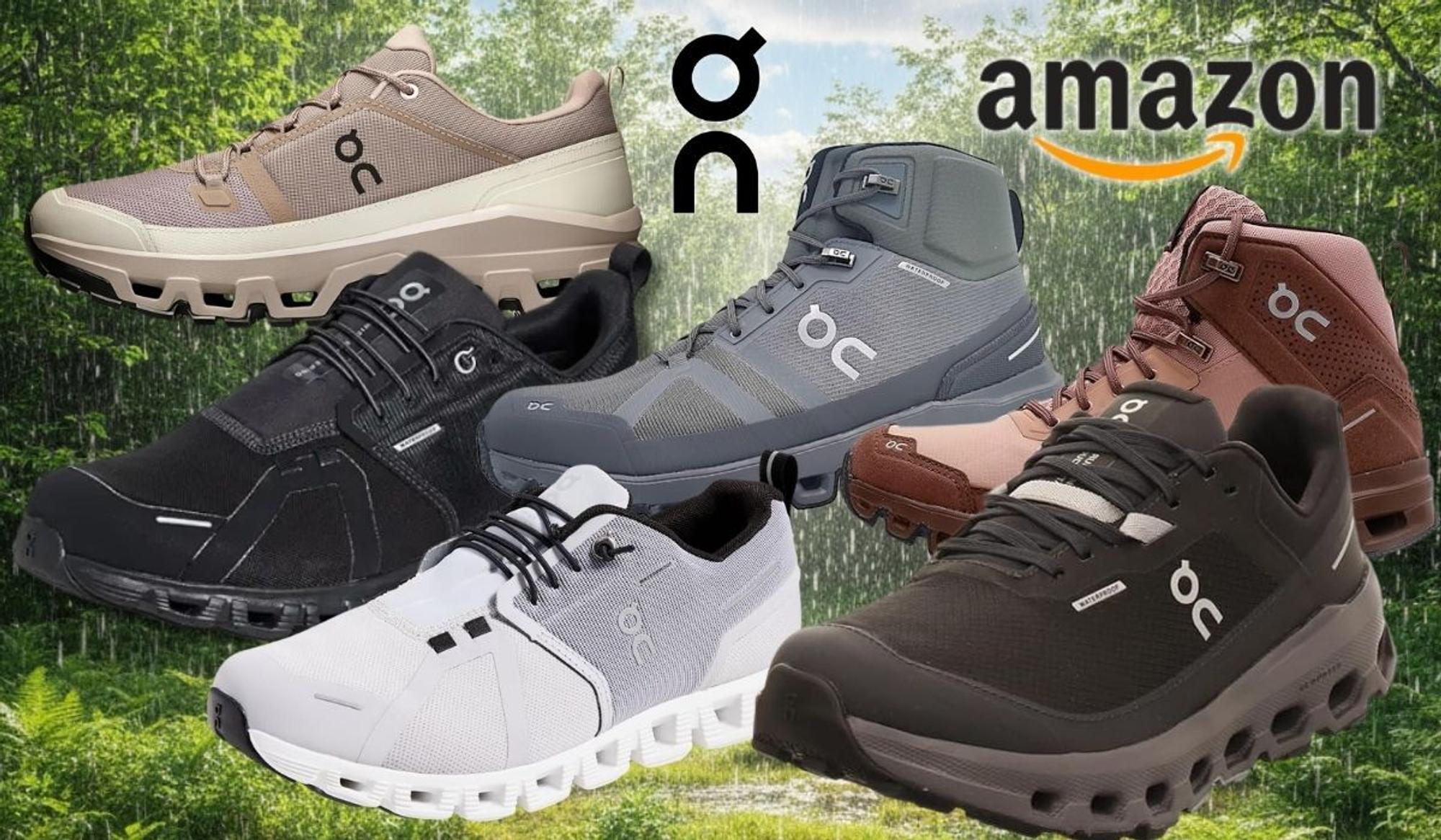 On Sneaker Modelle und Halbschuhe vor einem verregneten Wald an einem Sommertag.