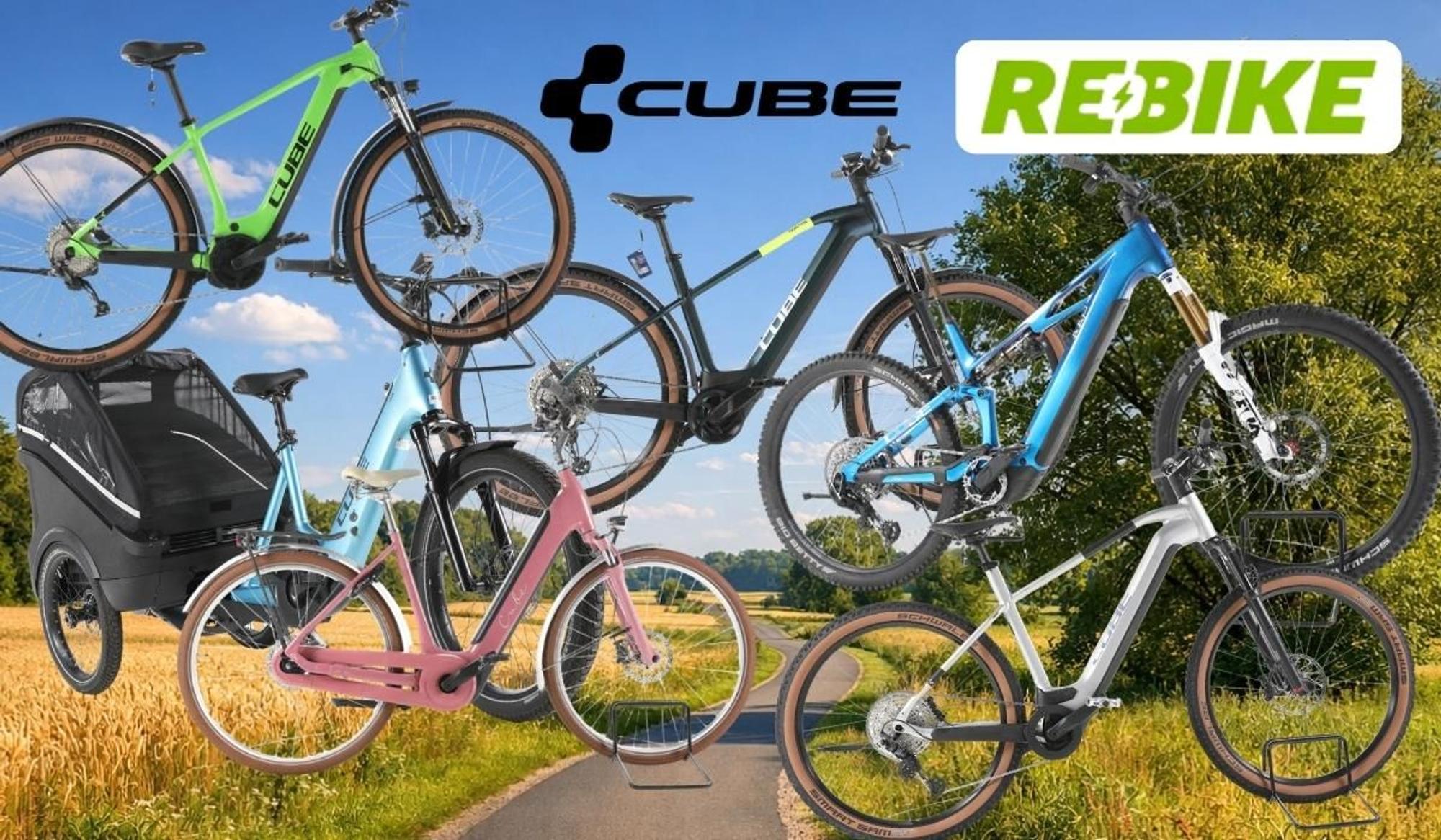 Cube E-Bikes, City Bikes, Mountainbikes, Lastenrad vor einer Landstraße im Grünen mit Bäumen, Wald und Wiesen im Hintergrund und blauem Himmel.