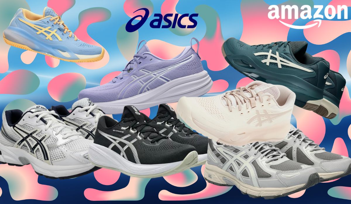 Eine Auswahl bunter Asics Laufschuhe vor einer stilisierten Straßen- und Waldlandschaft im Sonnenuntergang.