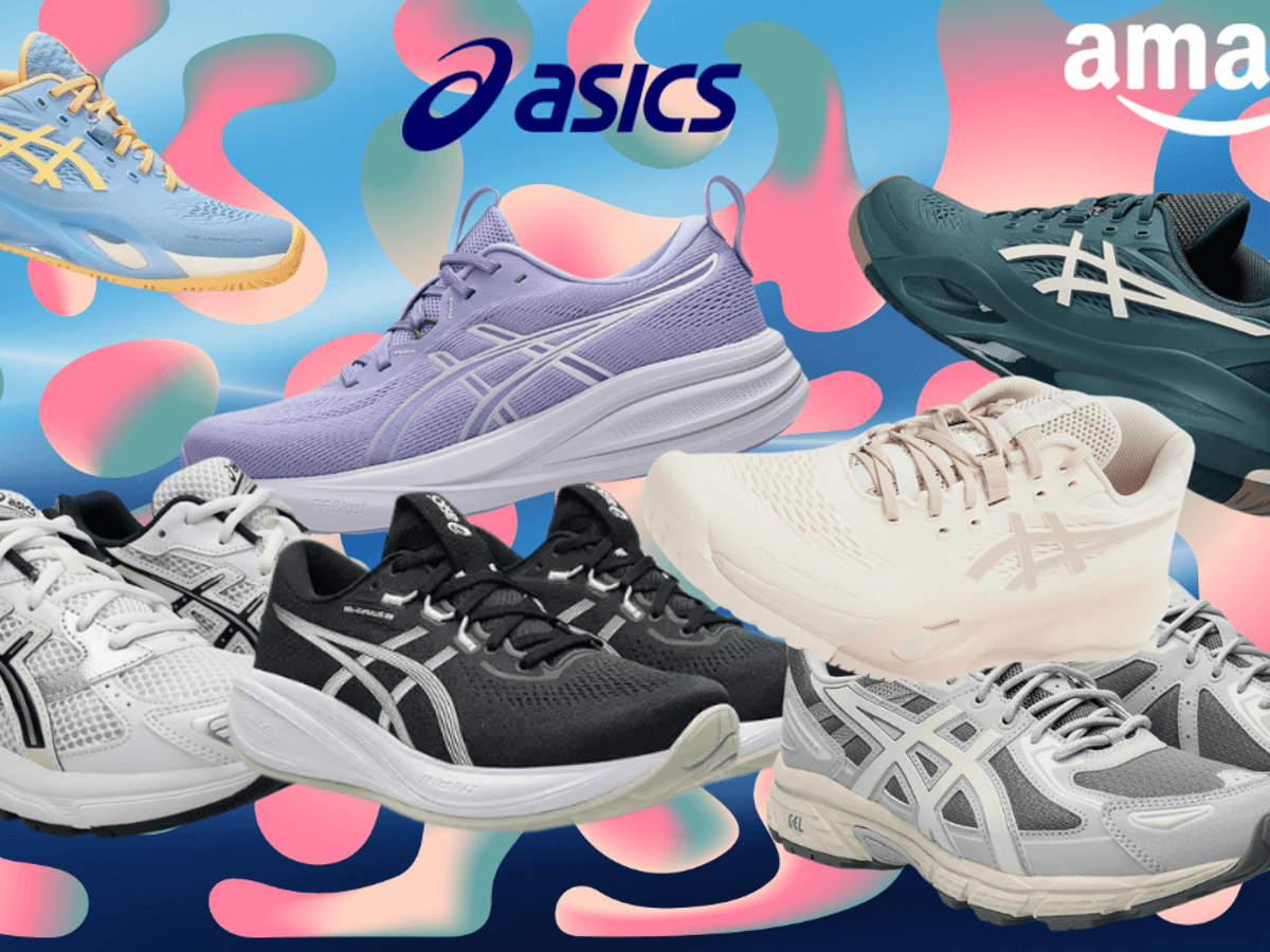 Eine Auswahl bunter Asics Laufschuhe vor einer stilisierten Straßen- und Waldlandschaft im Sonnenuntergang.