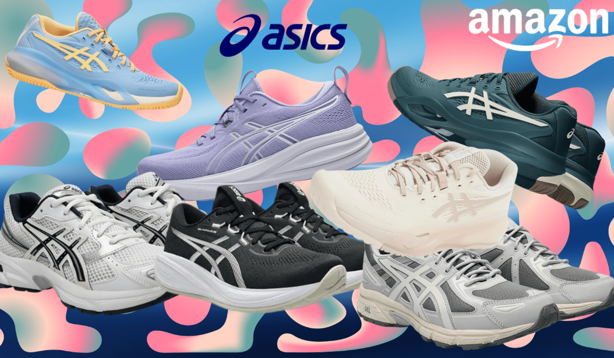 Eine Auswahl bunter Asics Laufschuhe vor einer stilisierten Straßen- und Waldlandschaft im Sonnenuntergang.