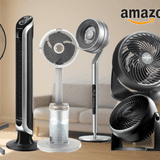 Collage verschiedener Ventilatoren unterschiedlicher Typen und Marken (Tischventilator Honeywell, zwei schwarze Turmventilatoren, ein klassischer Standventilator, ein Shark Standventilator, ein moderner Design-Ventilator mit Wassertank sowie ein Vornado Tischventilator) vor einem hellen Wohnzimmer-Hintergrund. Links oben das Amazon-Logo.