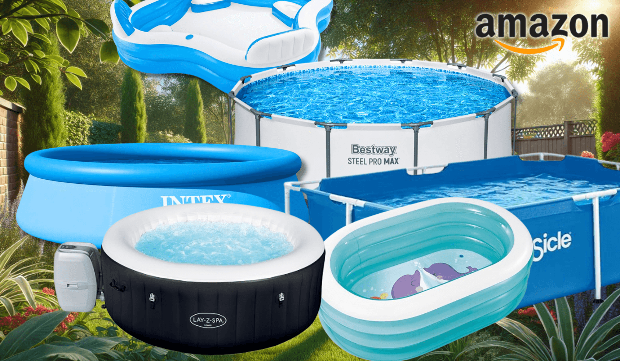 Auf dem Bild sind unterschiedliche Pool Arten aufgelistet, die sich bei Amazon aktuell im Sale befinden.