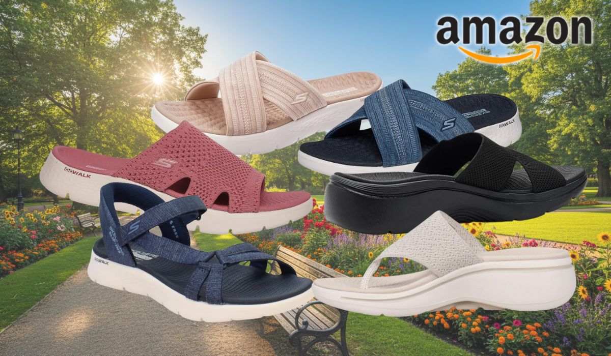 Collage von fünf Skechers Go Walk Sandalen in verschiedenen Farben (Beige, Navy-Blau, Rosa, Schwarz, Weiß) vor einem sonnigen Stadtpanorama mit Palmen, Blumenkübeln und modernen Gebäuden. Links oben das Amazon-Logo. Rechts oben roter Button mit der Aufschrift „Bis -32 % Rabatt zur UVP".