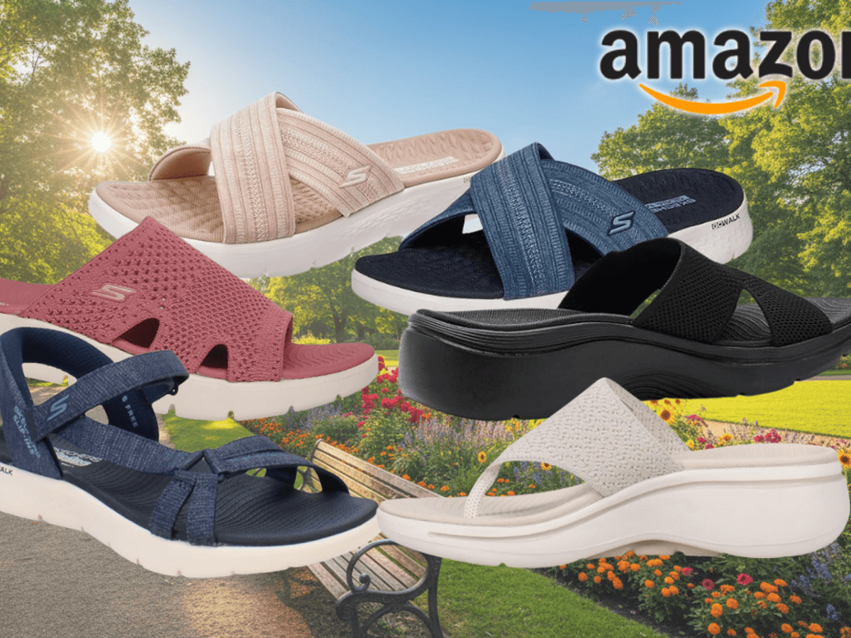 Collage von fünf Skechers Go Walk Sandalen in verschiedenen Farben (Beige, Navy-Blau, Rosa, Schwarz, Weiß) vor einem sonnigen Stadtpanorama mit Palmen, Blumenkübeln und modernen Gebäuden. Links oben das Amazon-Logo. Rechts oben roter Button mit der Aufschrift „Bis -32 % Rabatt zur UVP".