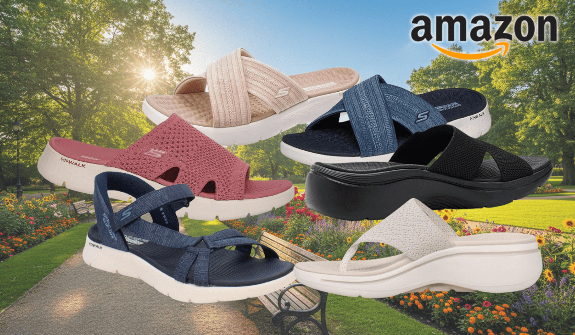 Collage von fünf Skechers Go Walk Sandalen in verschiedenen Farben (Beige, Navy-Blau, Rosa, Schwarz, Weiß) vor einem sonnigen Stadtpanorama mit Palmen, Blumenkübeln und modernen Gebäuden. Links oben das Amazon-Logo. Rechts oben roter Button mit der Aufschrift „Bis -32 % Rabatt zur UVP".