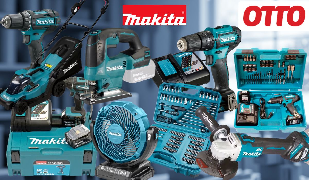 Makita-Werkzeug, darunter Akku-Bohrschrauber, Werkzeugkoffer und Sägen vor einem unscharfen Werkstatthintergrund.