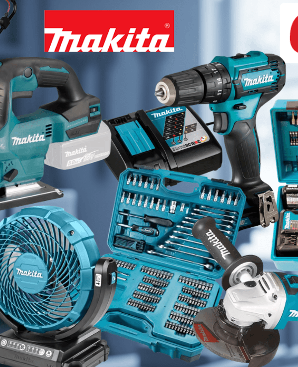 Makita-Werkzeug, darunter Akku-Bohrschrauber, Werkzeugkoffer und Sägen vor einem unscharfen Werkstatthintergrund.