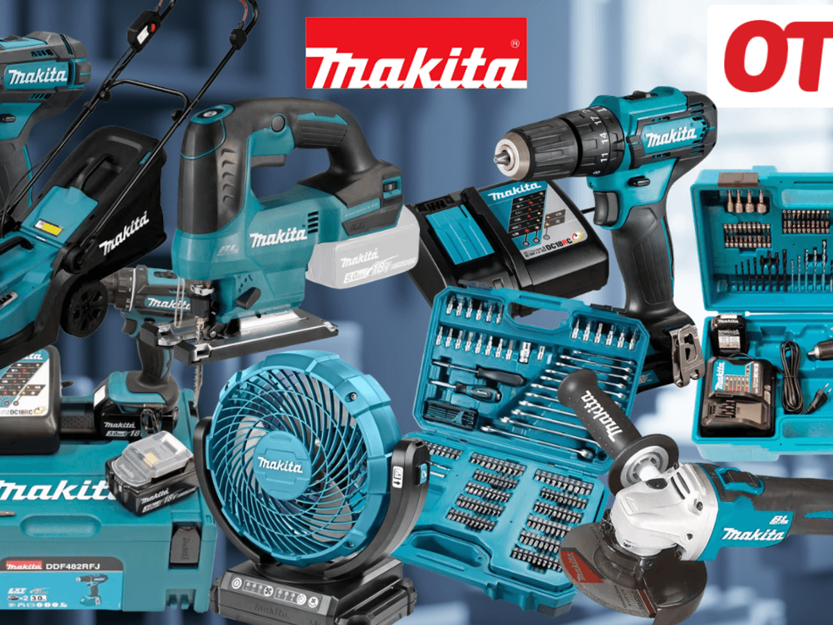 Makita-Werkzeug, darunter Akku-Bohrschrauber, Werkzeugkoffer und Sägen vor einem unscharfen Werkstatthintergrund.
