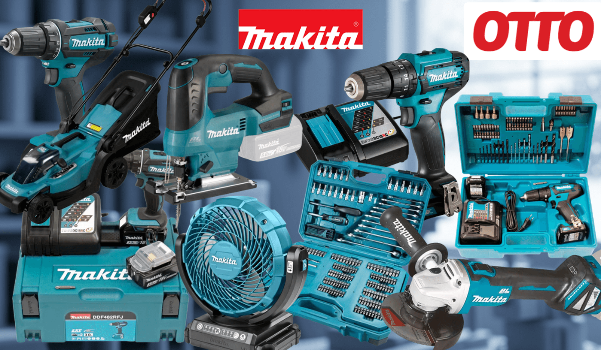 Makita-Werkzeug, darunter Akku-Bohrschrauber, Werkzeugkoffer und Sägen vor einem unscharfen Werkstatthintergrund.