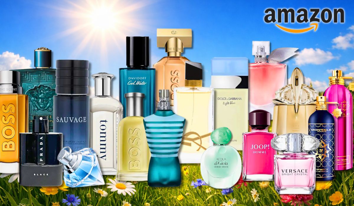 Viele Parfum Flakons von Marken wie Mugler, Boss, Tommy Hilfiger, Diesel, Versace, DKNY, Ralph Lauren und vielen mehr vor rosa Hintergrund mit Herzen.