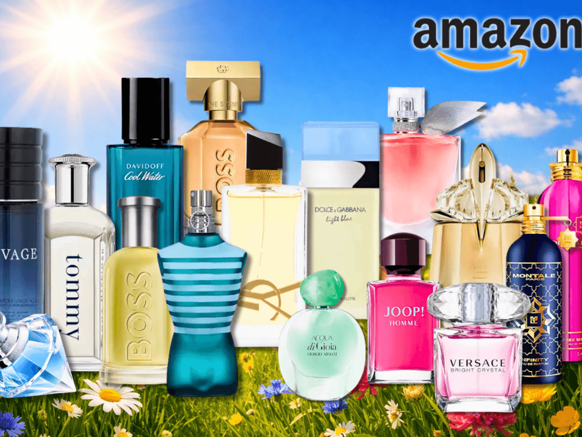 Viele Parfum Flakons von Marken wie Mugler, Boss, Tommy Hilfiger, Diesel, Versace, DKNY, Ralph Lauren und vielen mehr vor rosa Hintergrund mit Herzen.