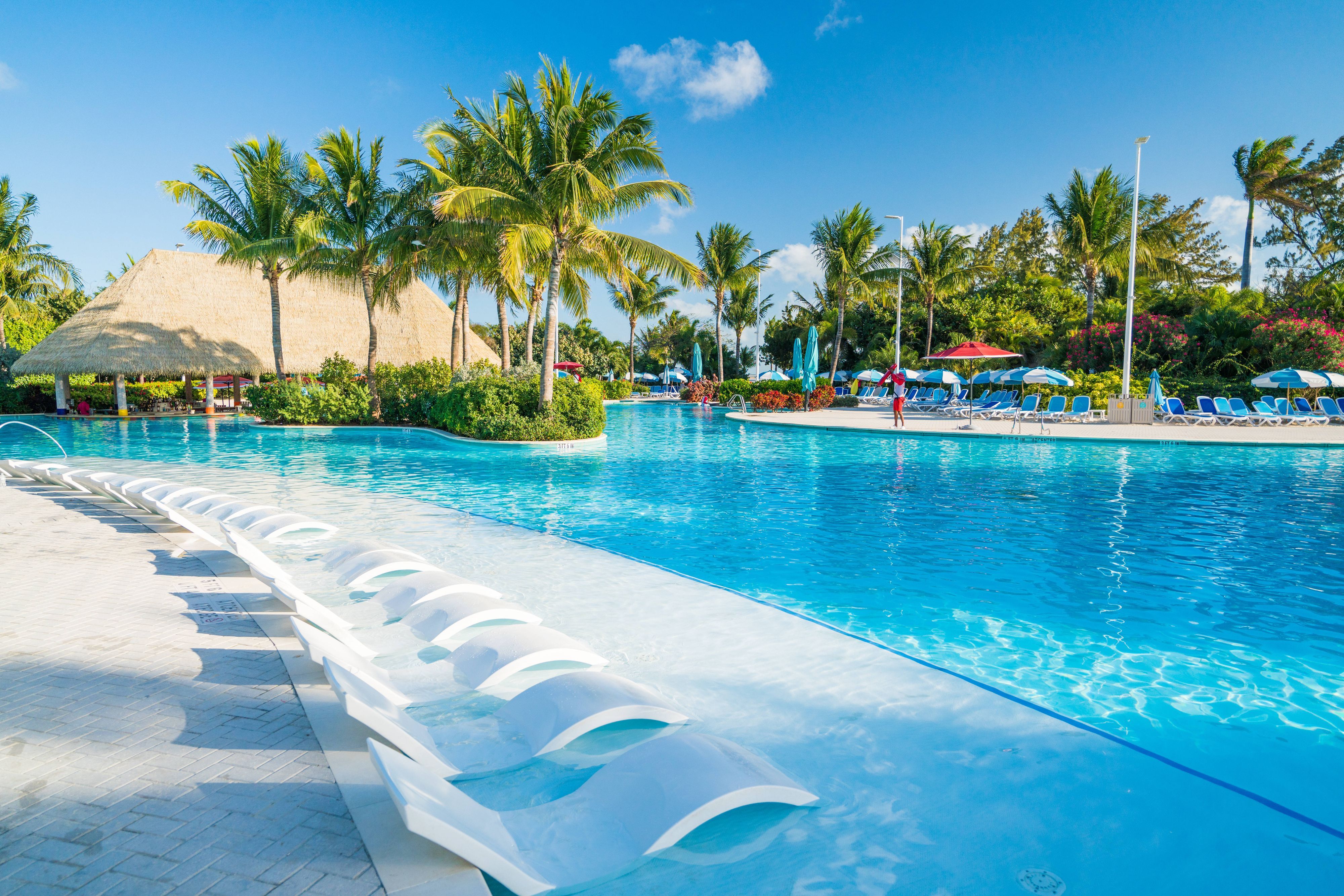 Swimming Pool mit viel Sonne und Palmen.
