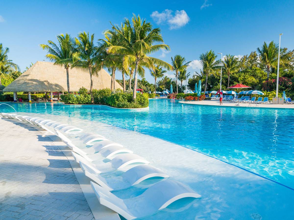Swimming Pool mit viel Sonne und Palmen.