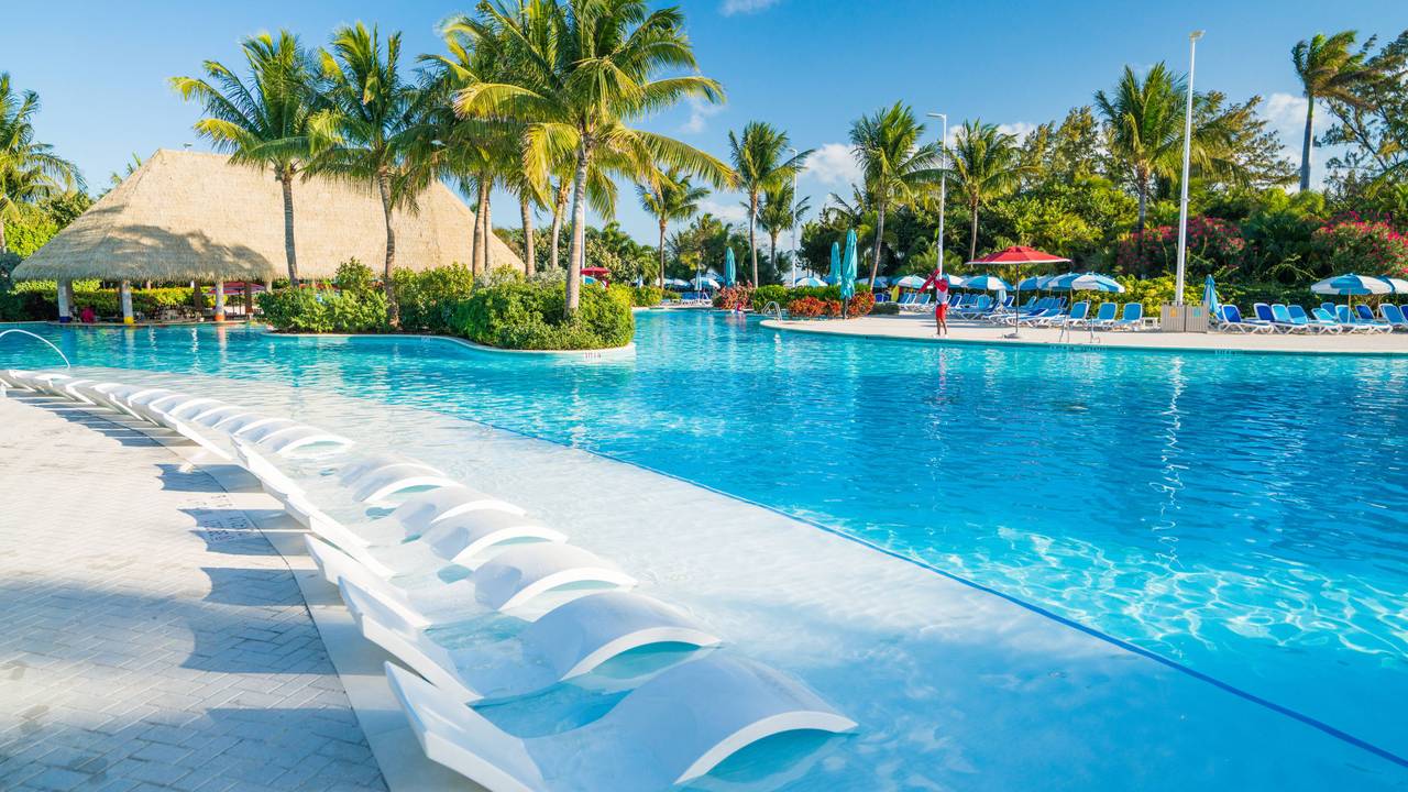 Swimming Pool mit viel Sonne und Palmen.
