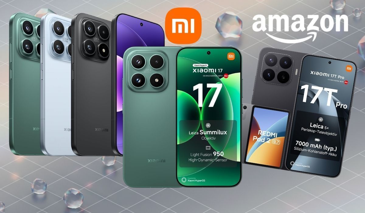 Produktbild mit Xiaomi 17 und Xiaomi 17T Pro Smartphones sowie Redmi Pad 2 Tablet und Amazon-Logo vor hellem Hintergrund mit durchsichtigen Kristallen.