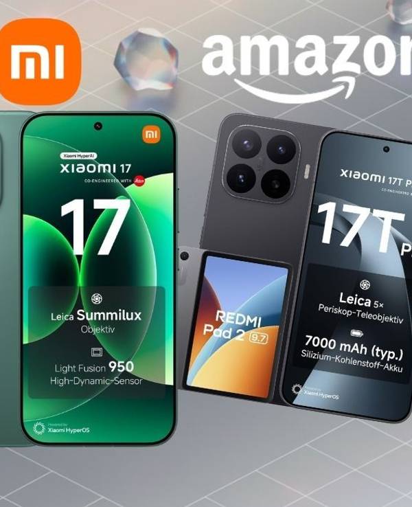 Produktbild mit Xiaomi 17 und Xiaomi 17T Pro Smartphones sowie Redmi Pad 2 Tablet und Amazon-Logo vor hellem Hintergrund mit durchsichtigen Kristallen.