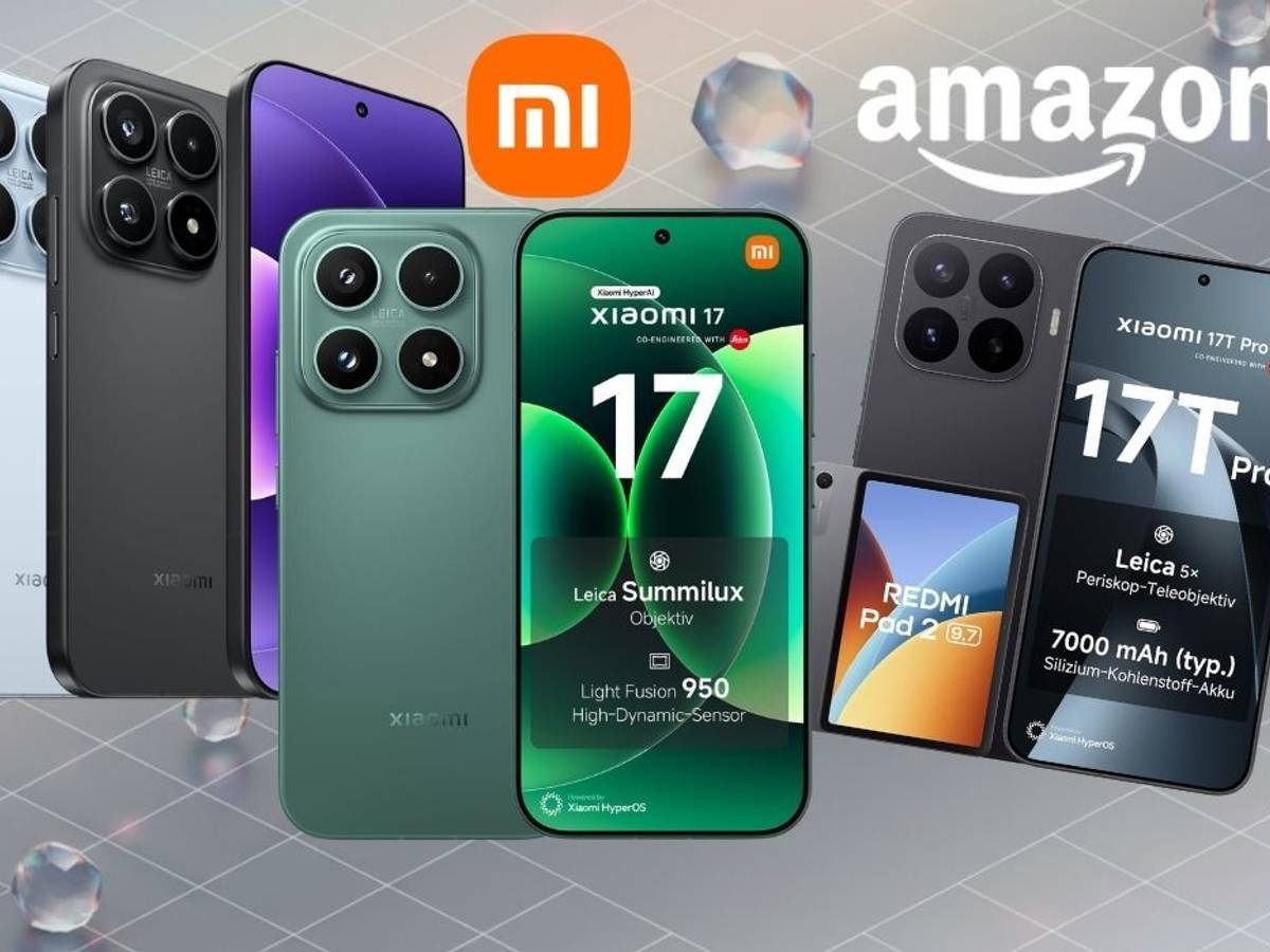 Produktbild mit Xiaomi 17 und Xiaomi 17T Pro Smartphones sowie Redmi Pad 2 Tablet und Amazon-Logo vor hellem Hintergrund mit durchsichtigen Kristallen.