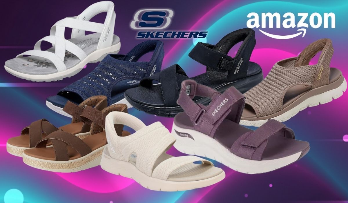 Skechers Slip ins Sandalen in verschiedenen Modellen, Designs und Formen vor einem bunten Hintergrund.