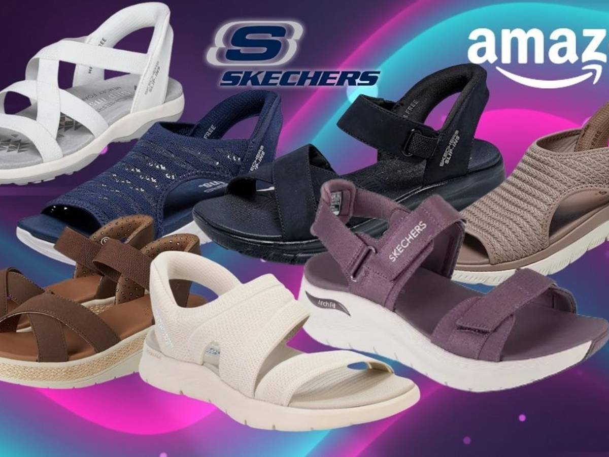 Skechers Slip ins Sandalen in verschiedenen Modellen, Designs und Formen vor einem bunten Hintergrund.