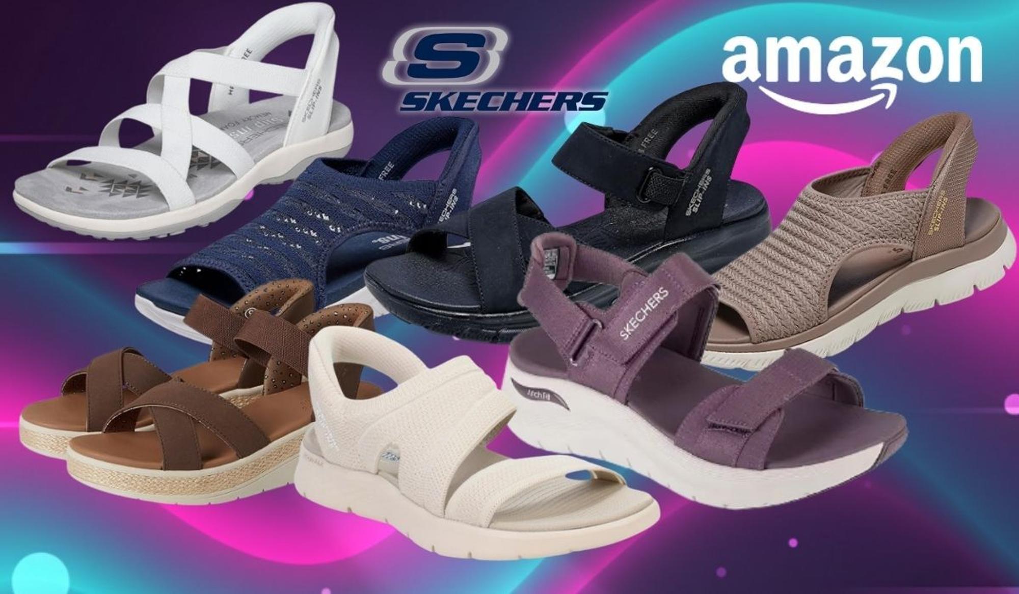 Skechers Slip ins Sandalen in verschiedenen Modellen, Designs und Formen vor einem bunten Hintergrund.
